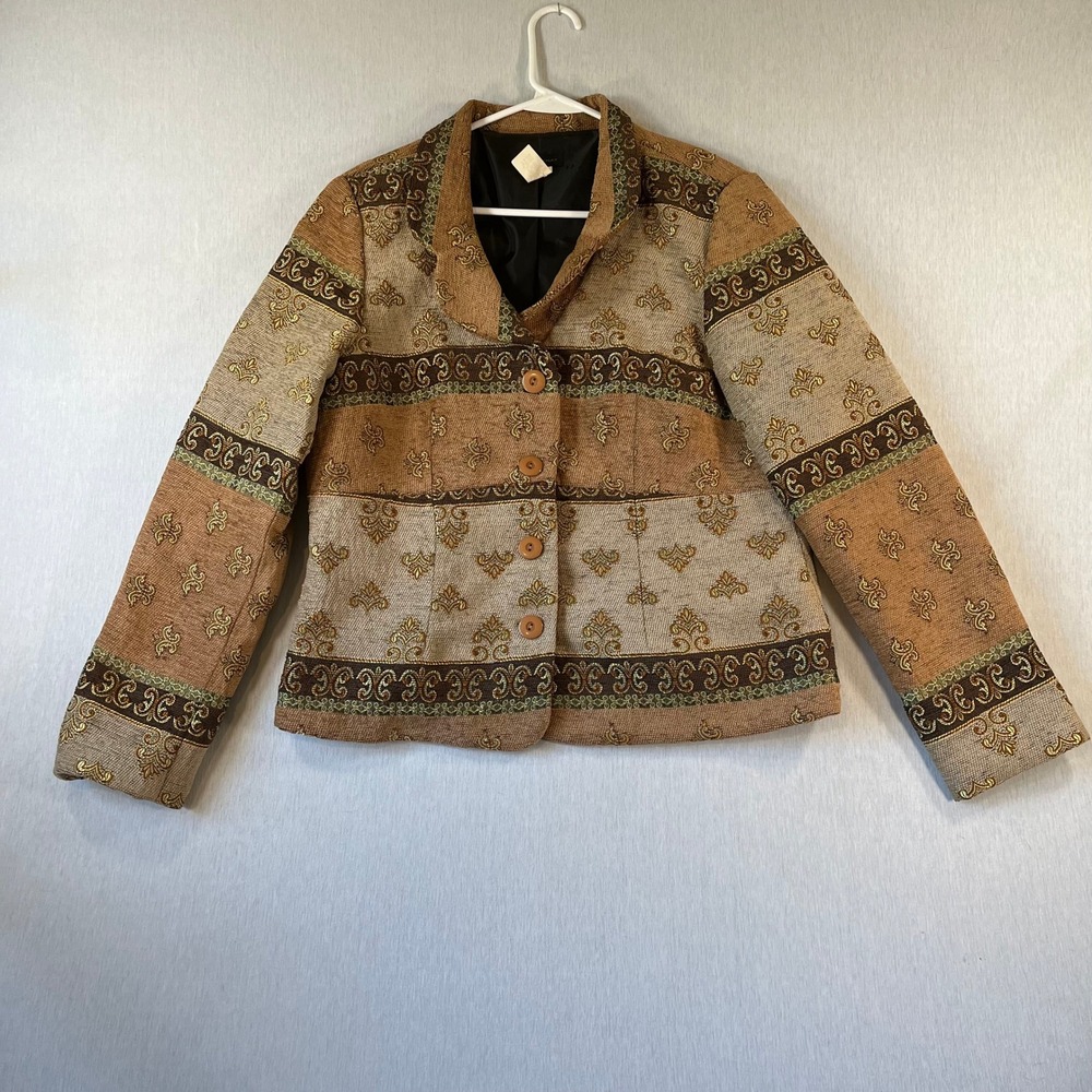 Vintage Courtenay Blazer Women 16 Tapestry Jacket Brown Gold Fleur De Lis Damask